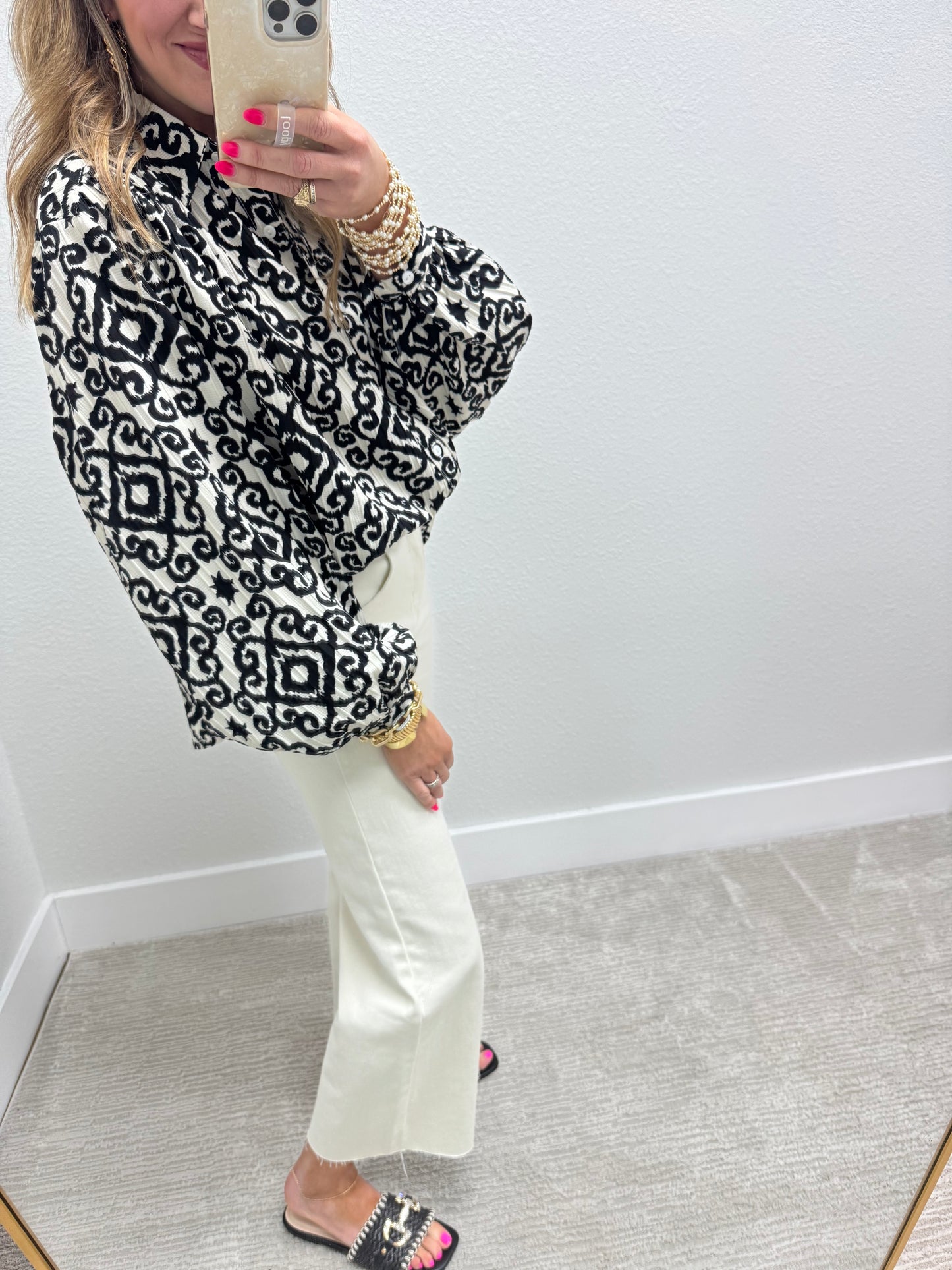 Black and Cream Oversized Button Down Shirt with Geometric Print