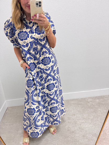 Royal Puff Sleeve Button Down Maxi Dress with Ruffle Neck