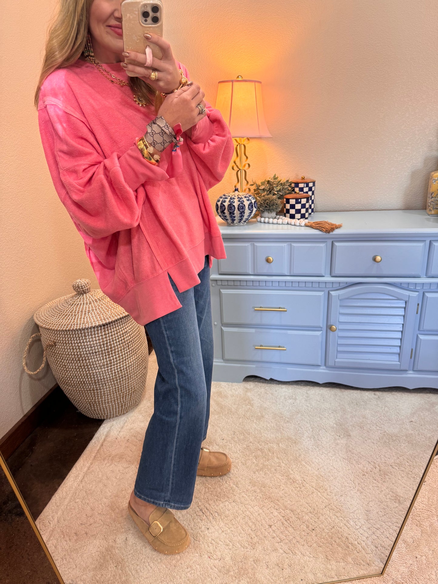 Taffy Pink Fleece Split Hem Pullover