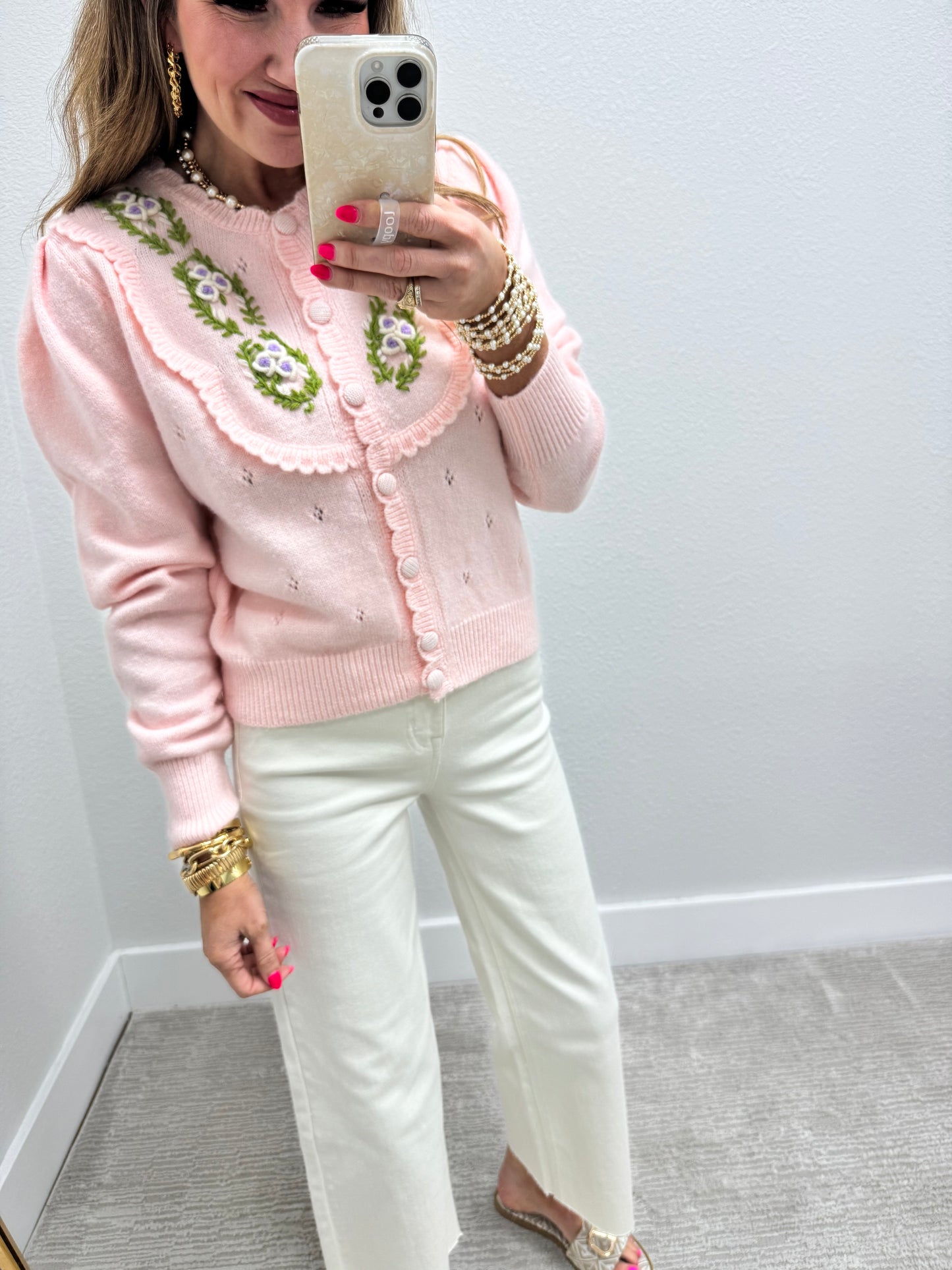 Light Pink Embroidered Sweater With Scalloped Edge