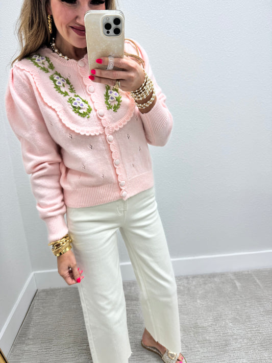 Light Pink Embroidered Sweater With Scalloped Edge