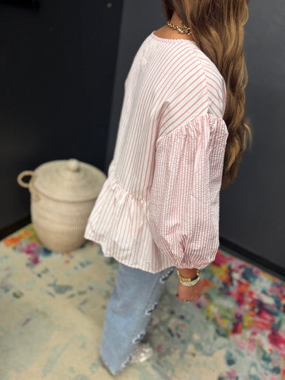 Pink and White Seersucker Sleeve Striped Top
