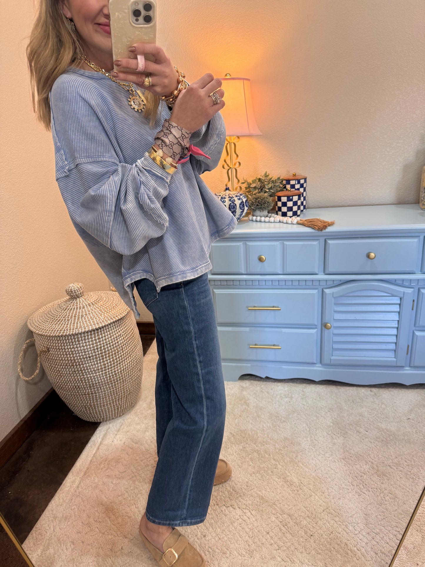 Blue Acid Washed Double Ribbed Exposed-Seam Pullover