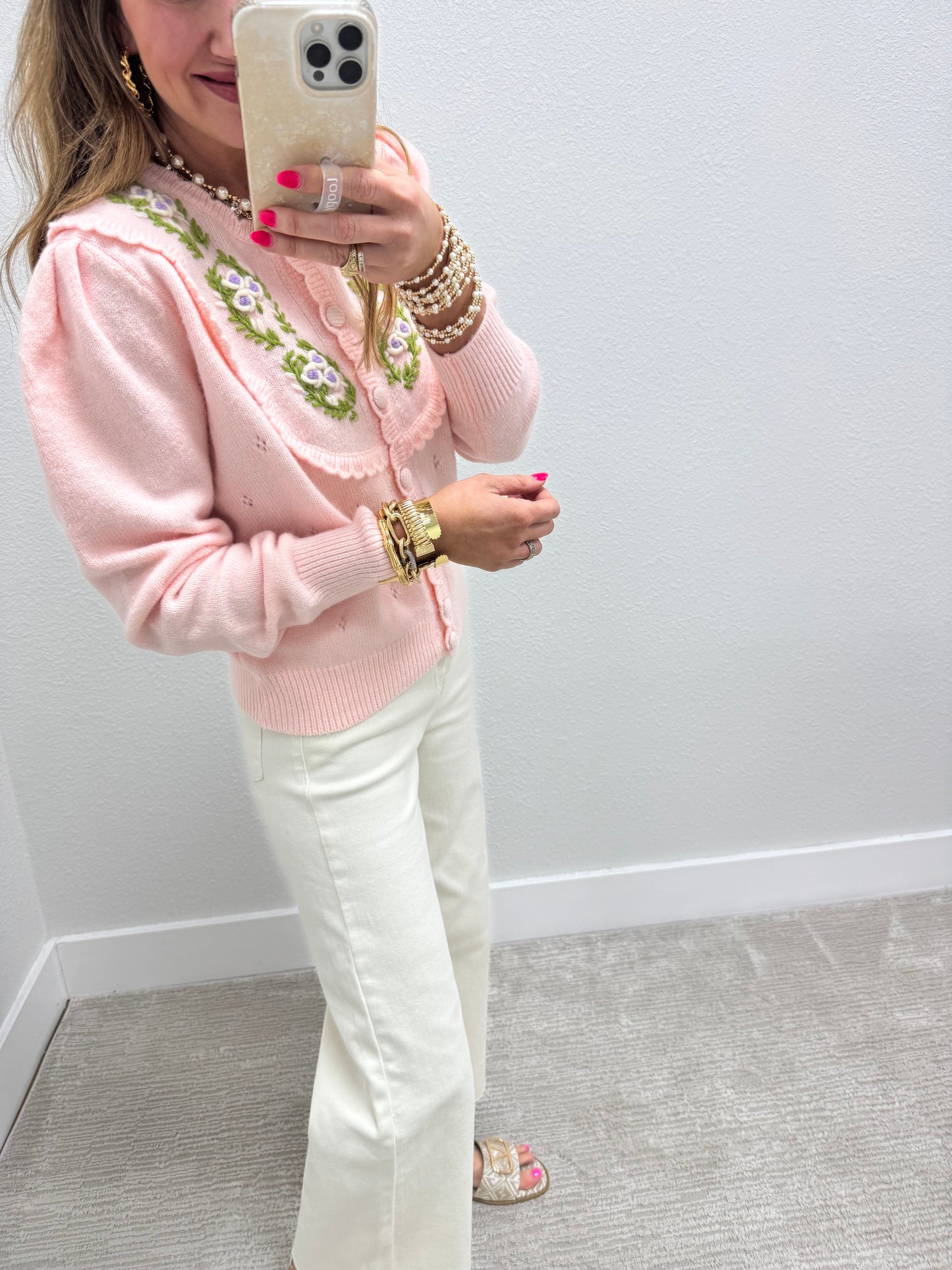 Light Pink Embroidered Sweater With Scalloped Edge