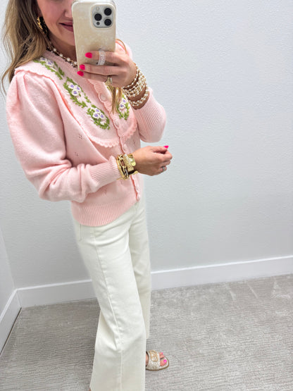 Light Pink Embroidered Sweater With Scalloped Edge