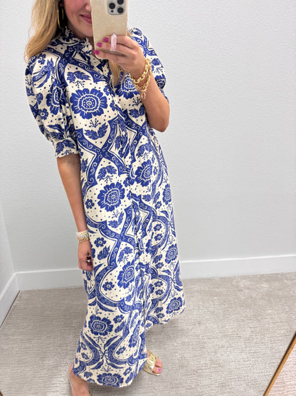 Royal Puff Sleeve Button Down Maxi Dress with Ruffle Neck