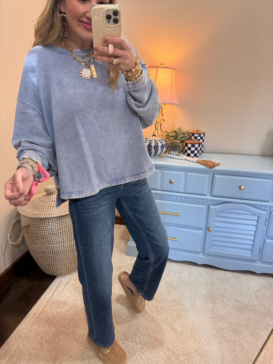 Blue Acid Washed Double Ribbed Exposed-Seam Pullover