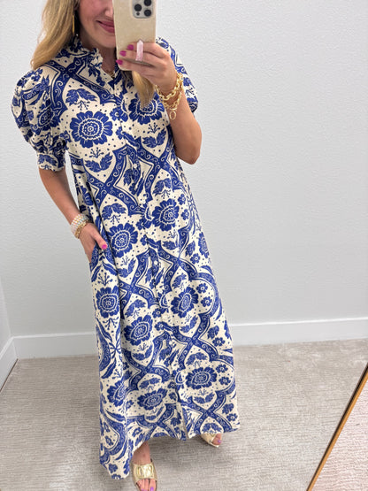 Royal Puff Sleeve Button Down Maxi Dress with Ruffle Neck