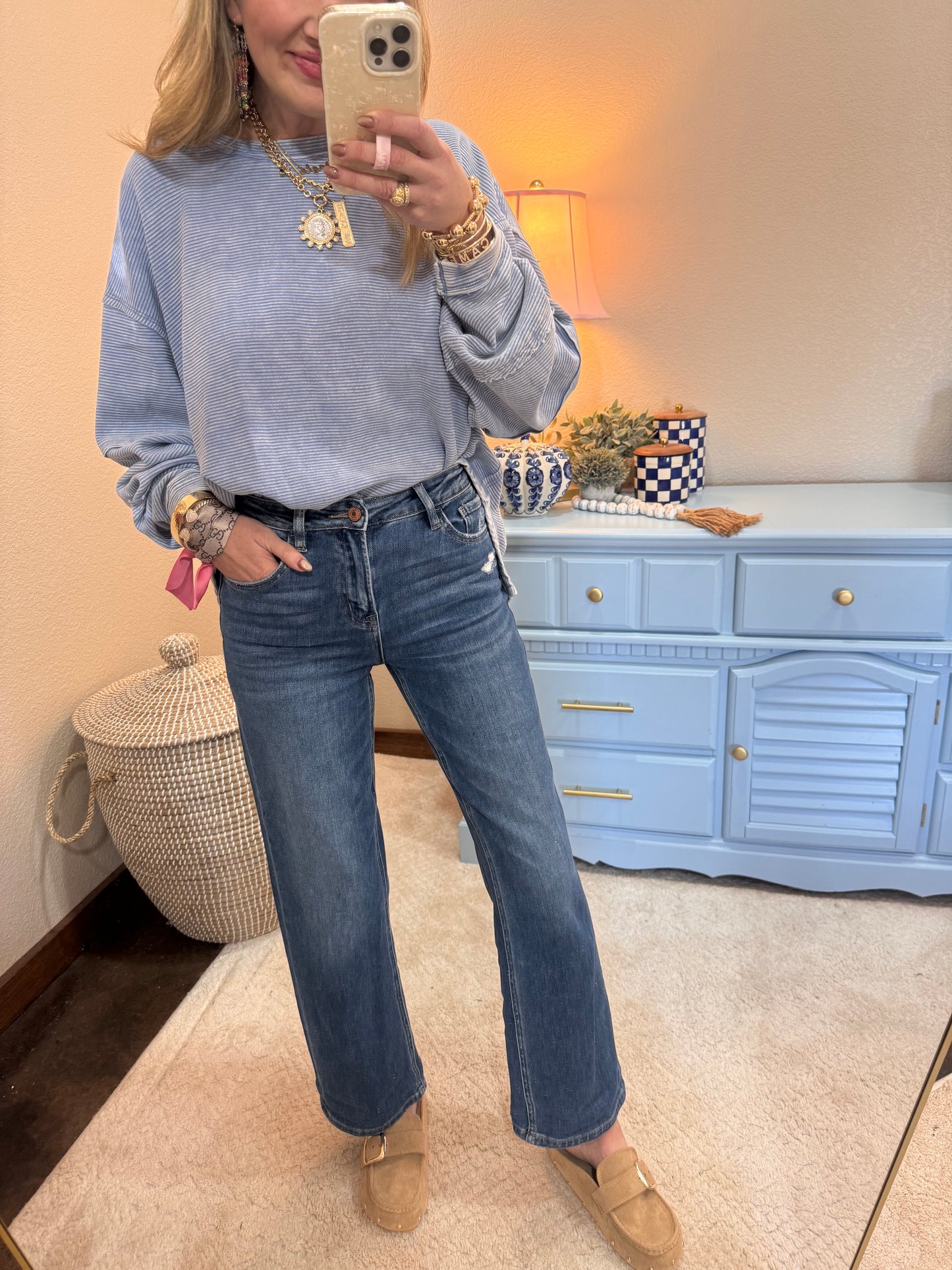 Blue Acid Washed Double Ribbed Exposed-Seam Pullover