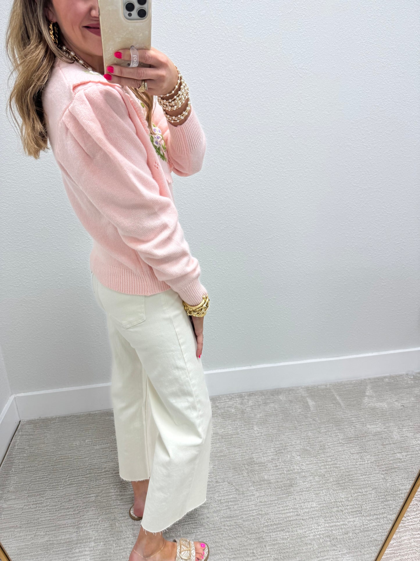 Light Pink Embroidered Sweater With Scalloped Edge