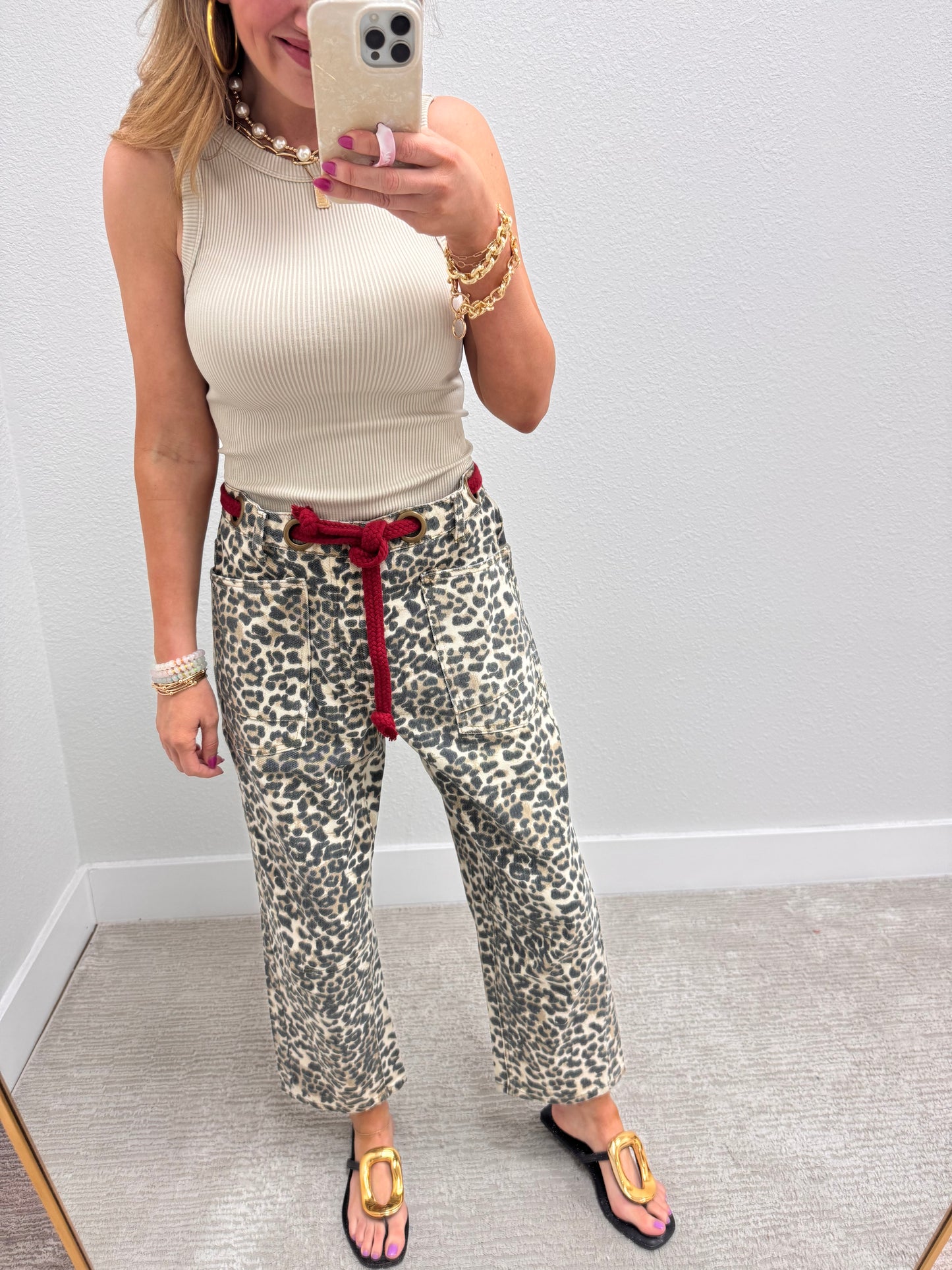 Leopard and Red Braided Waist Belt Pants