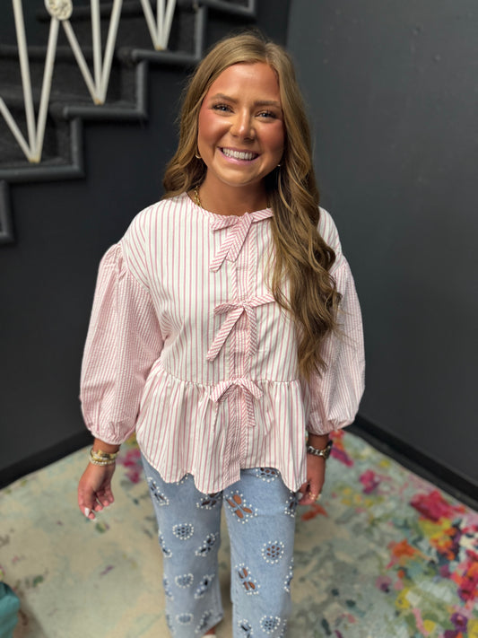 Pink and White Seersucker Sleeve Striped Top