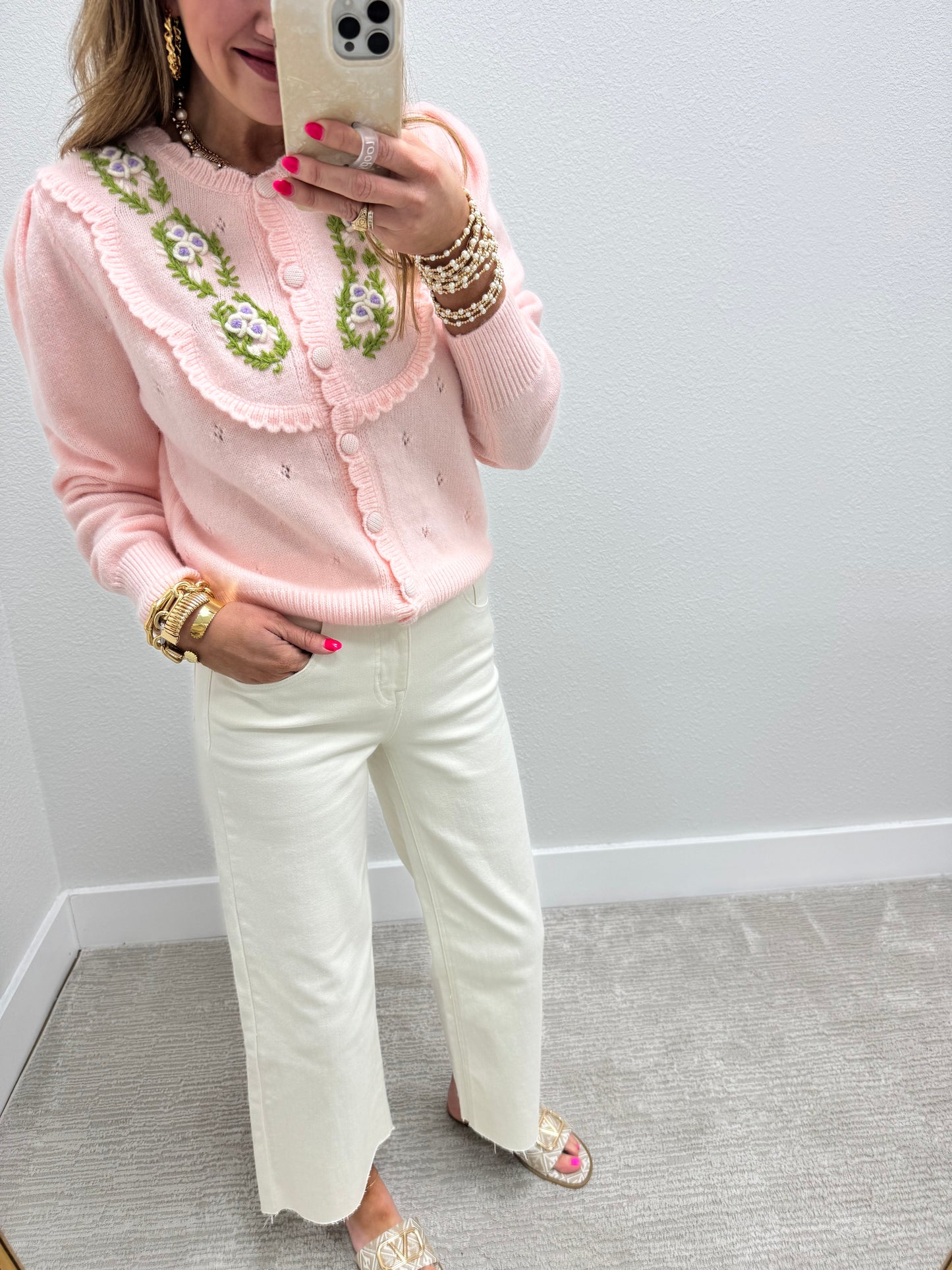 Light Pink Embroidered Sweater With Scalloped Edge