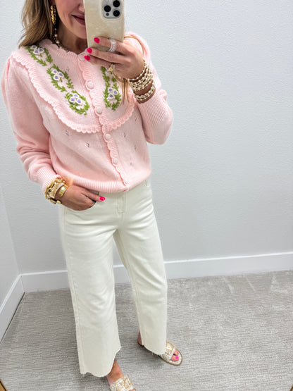 Light Pink Embroidered Sweater With Scalloped Edge