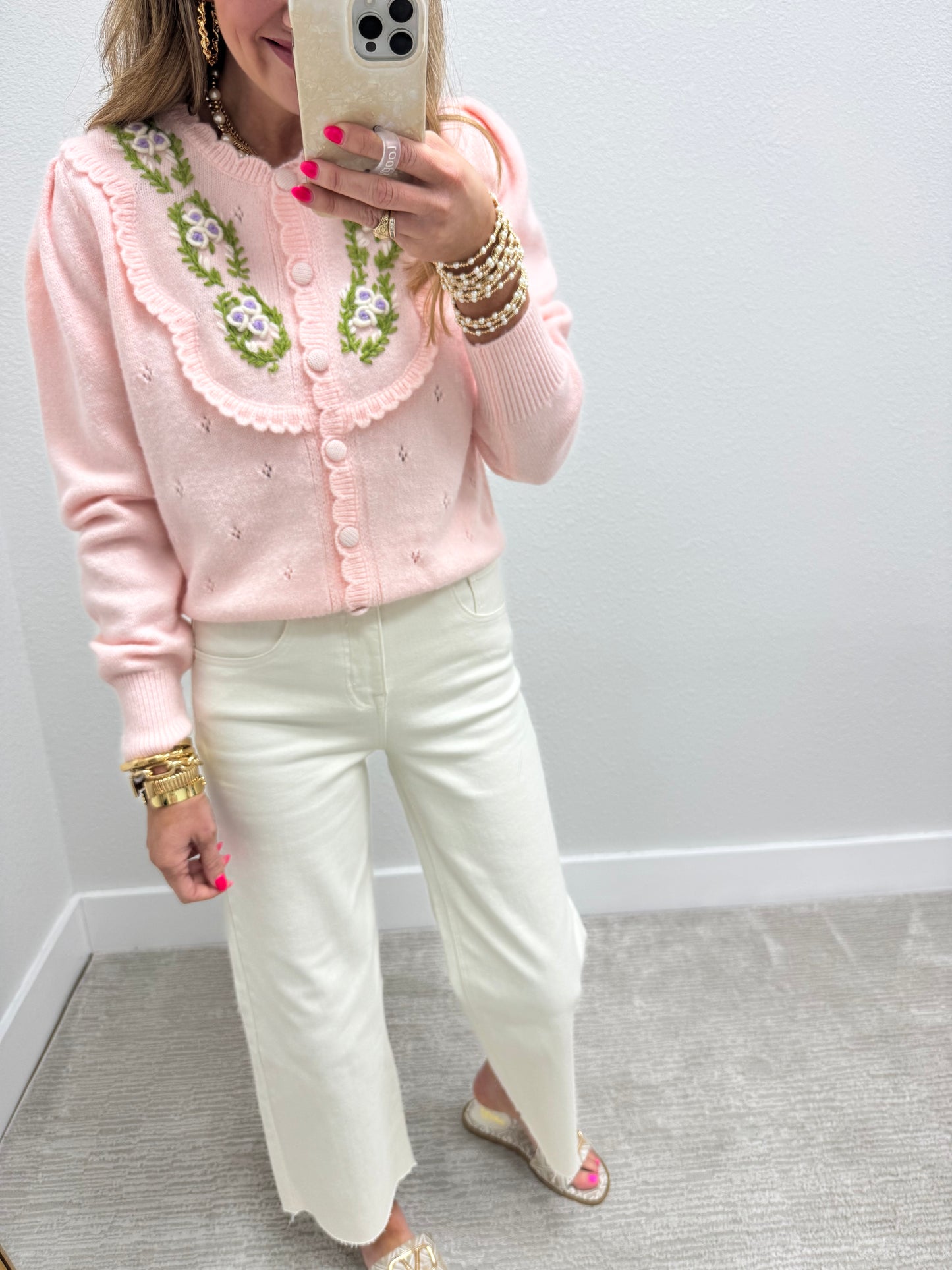 Light Pink Embroidered Sweater With Scalloped Edge