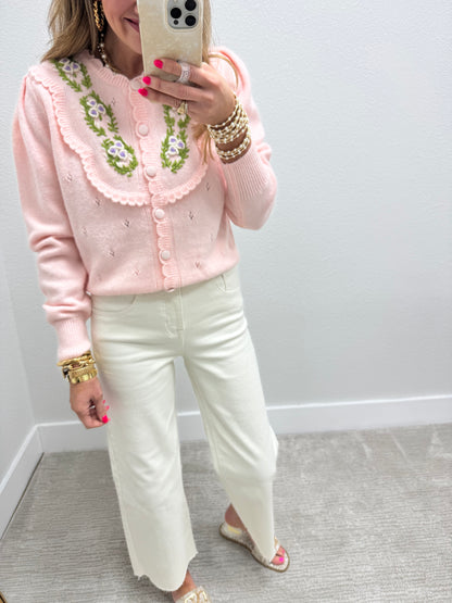 Light Pink Embroidered Sweater With Scalloped Edge