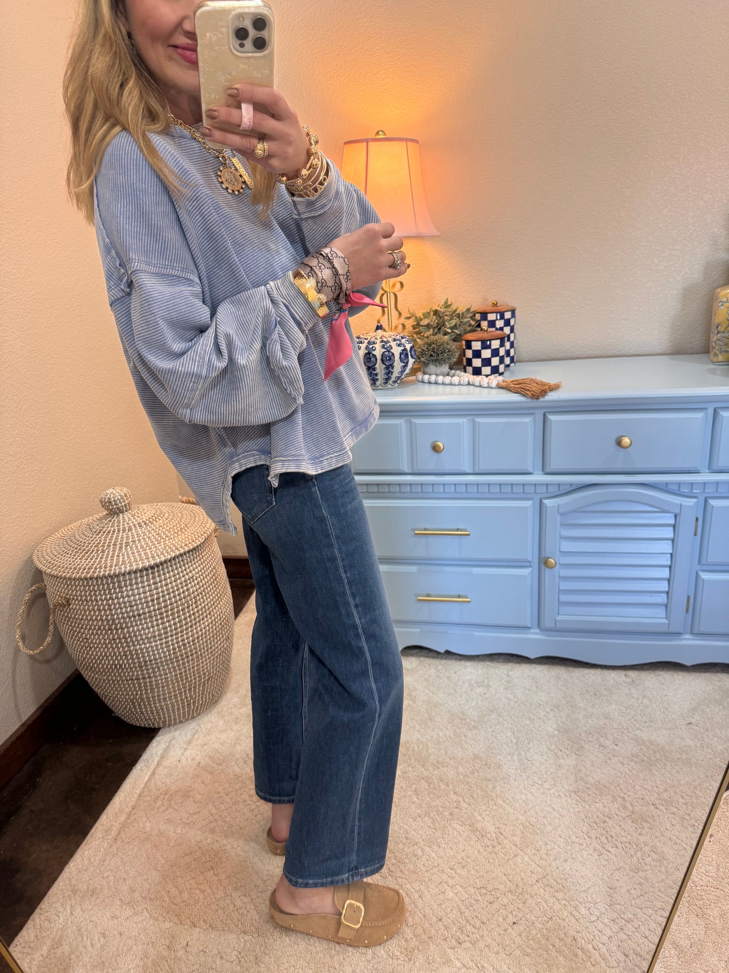 Blue Acid Washed Double Ribbed Exposed-Seam Pullover