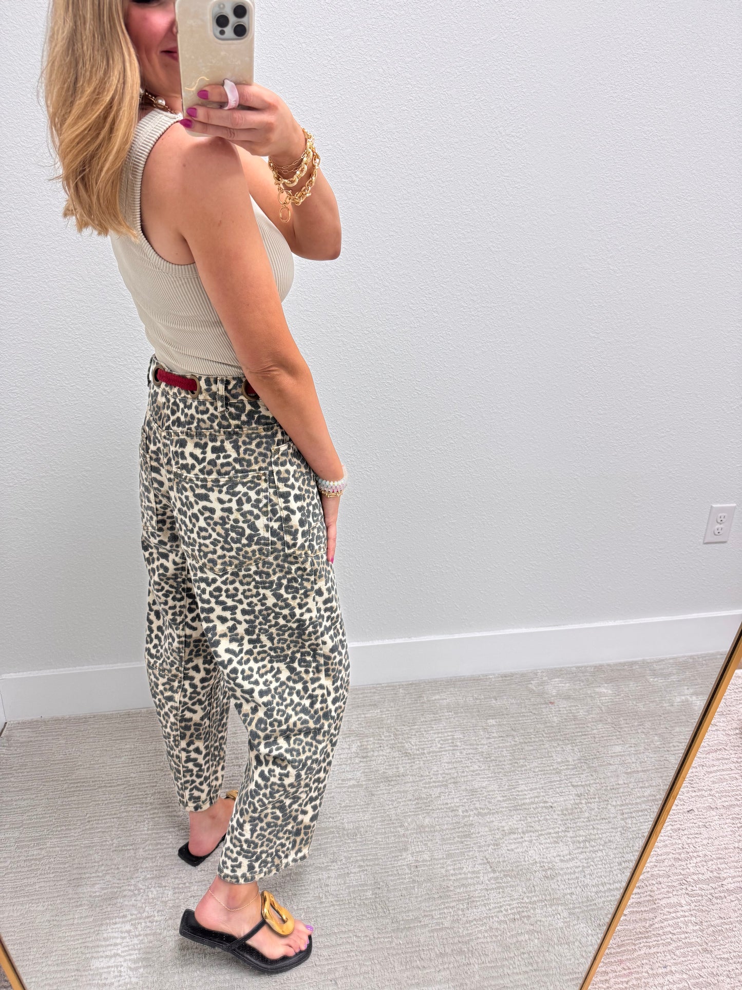 Leopard and Red Braided Waist Belt Pants