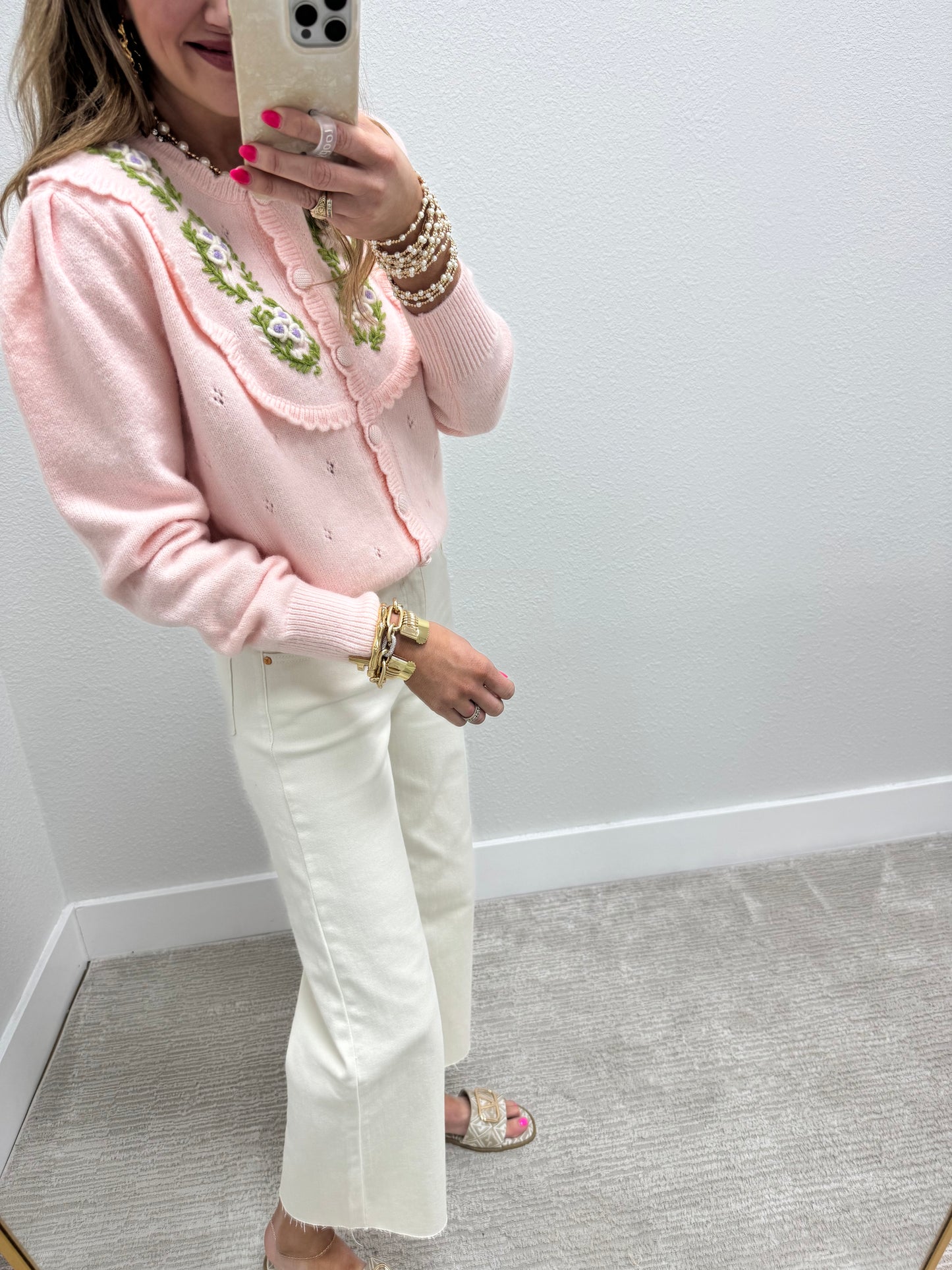 Light Pink Embroidered Sweater With Scalloped Edge