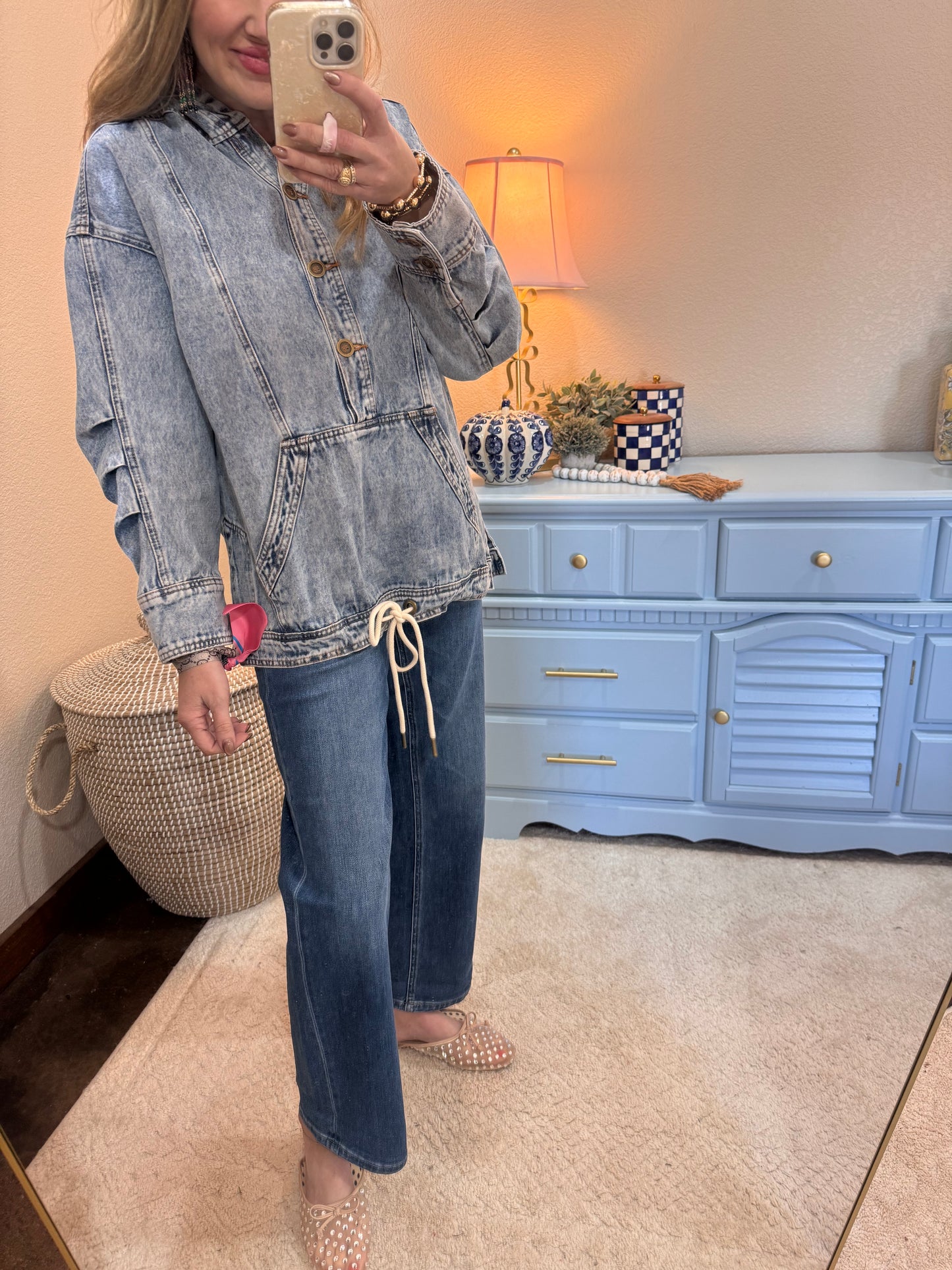 Denim Half Buttoned Washed Denim Hoodie