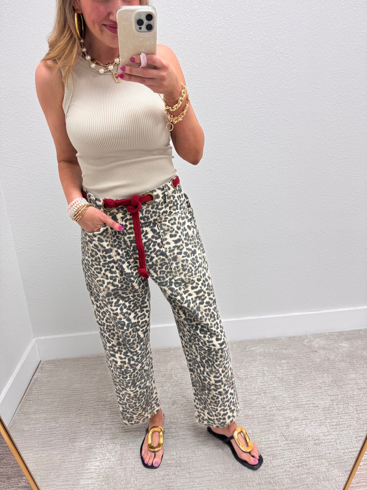 Leopard and Red Braided Waist Belt Pants