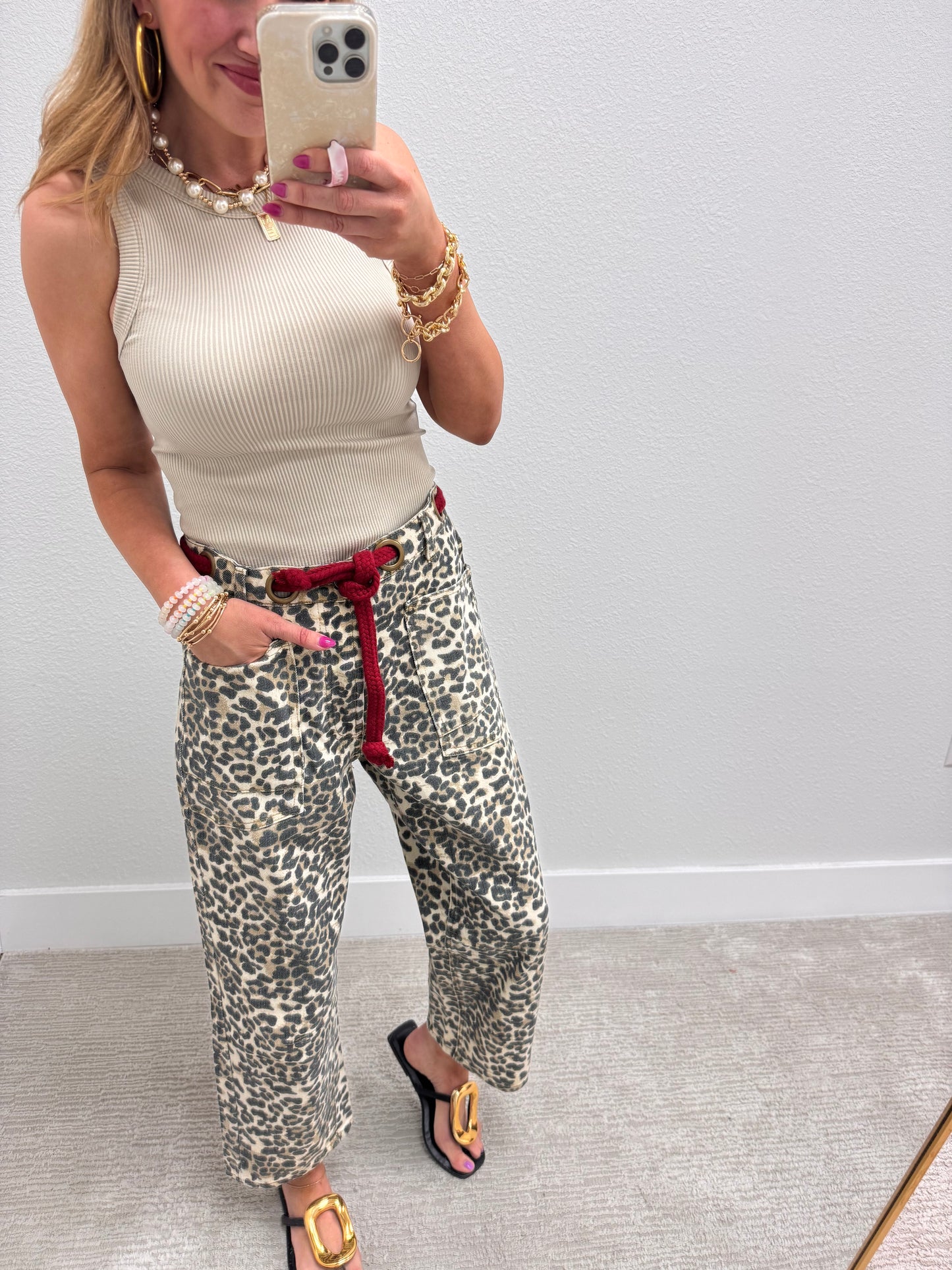 Leopard and Red Braided Waist Belt Pants