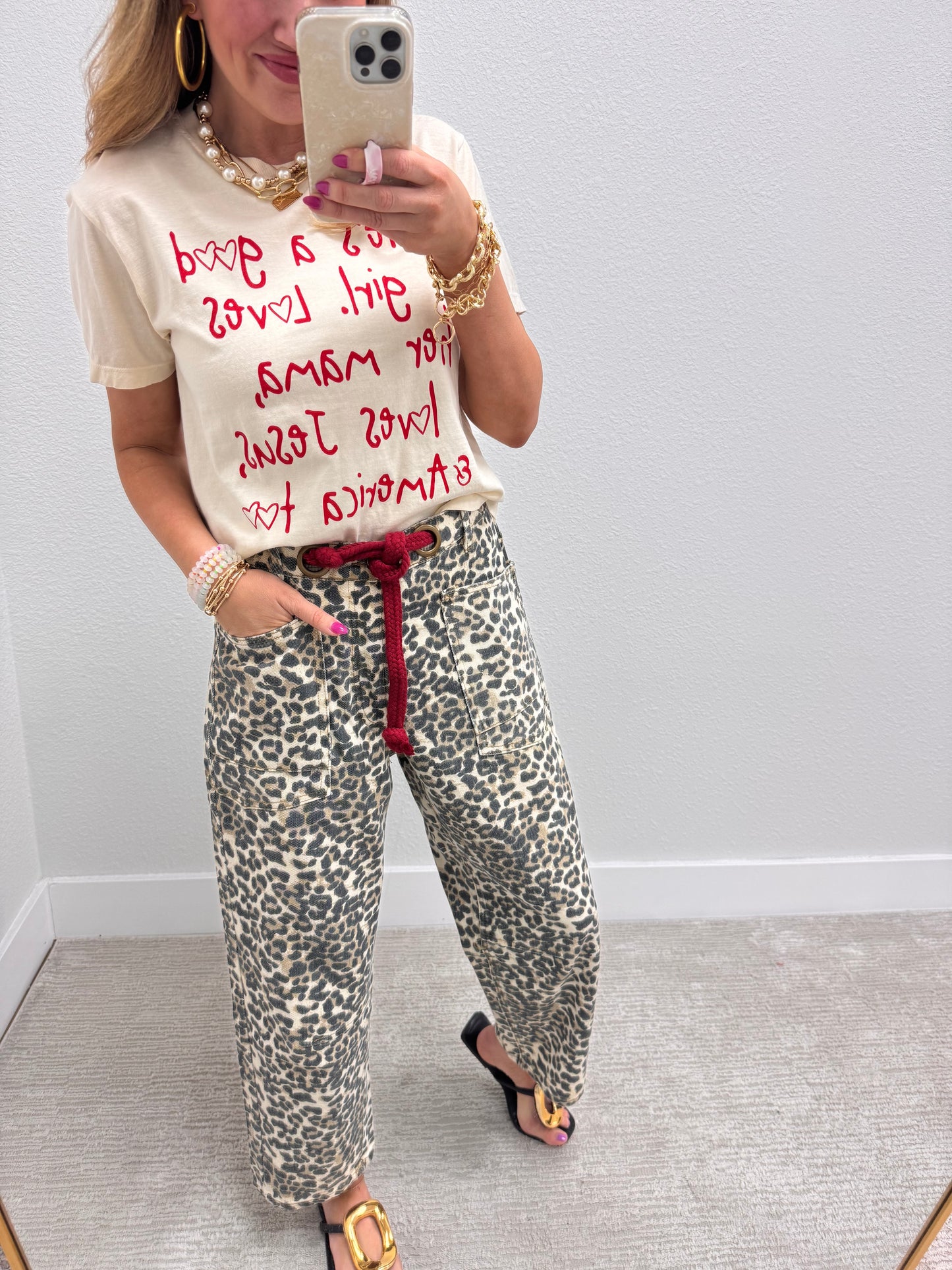 Leopard and Red Braided Waist Belt Pants