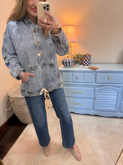 Denim Half Buttoned Washed Denim Hoodie
