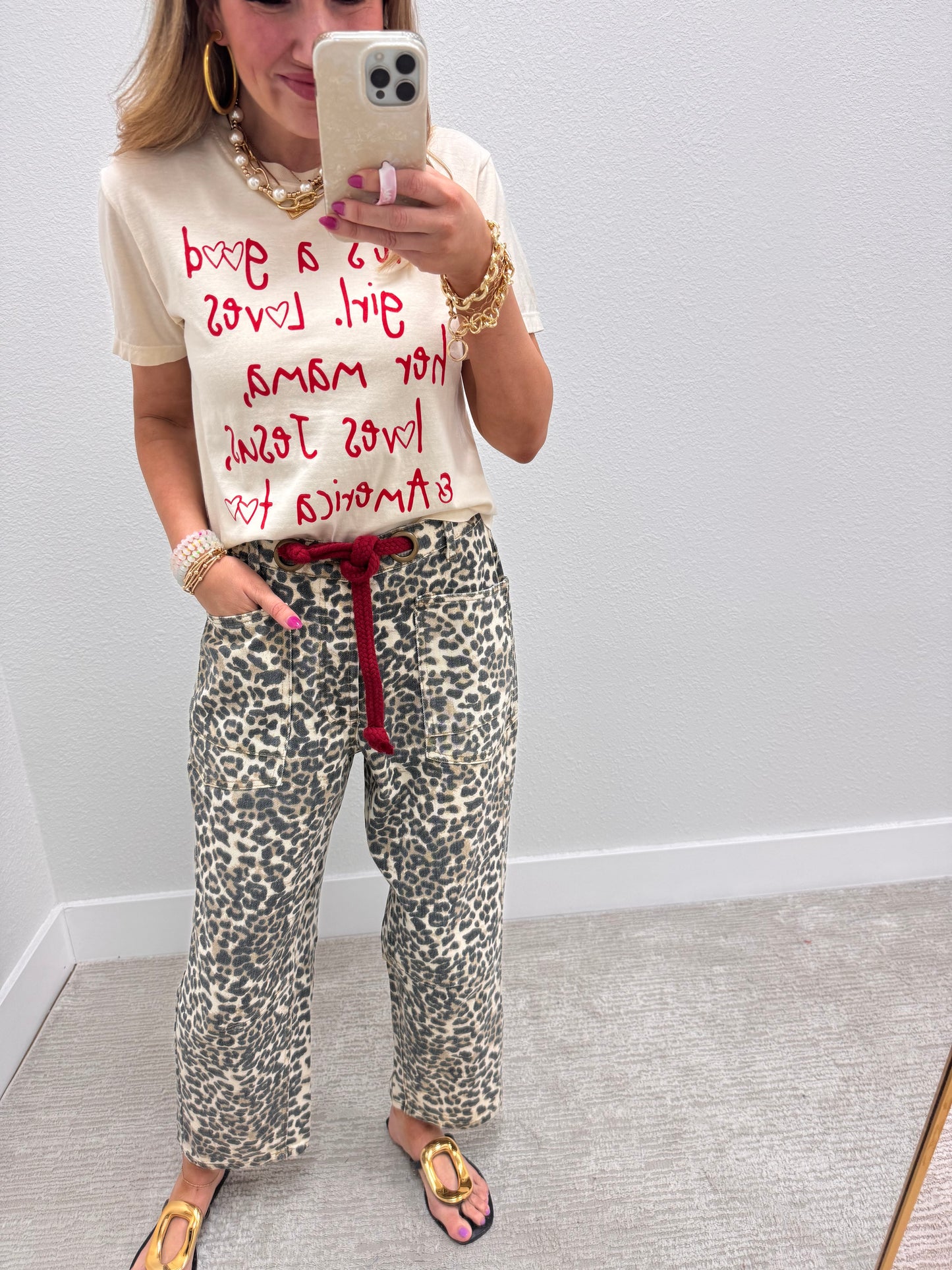 Leopard and Red Braided Waist Belt Pants