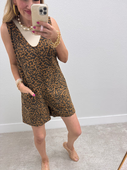 Leopard Denim Short Jumper Overalls