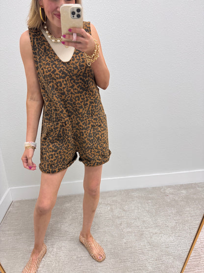 Leopard Denim Short Jumper Overalls