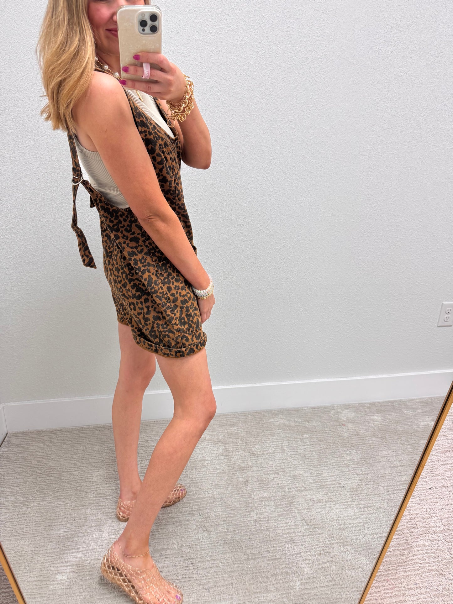 Leopard Denim Short Jumper Overalls