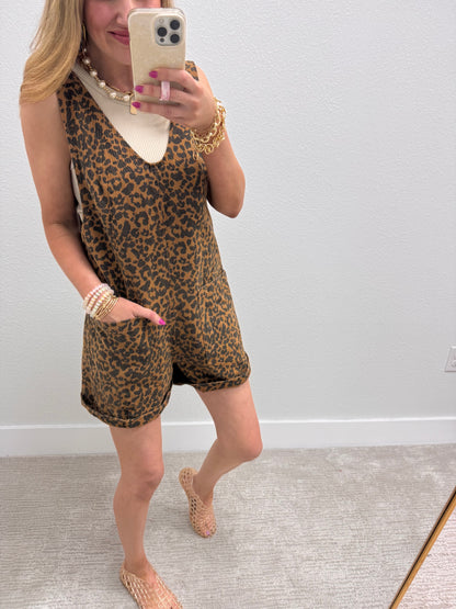 Leopard Denim Short Jumper Overalls