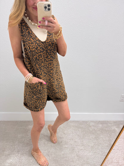 Leopard Denim Short Jumper Overalls