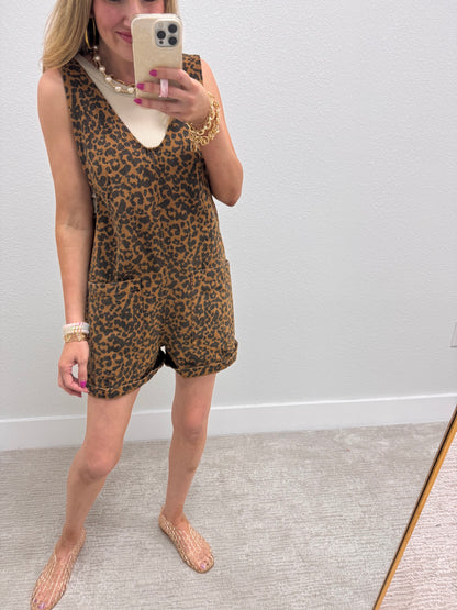 Leopard Denim Short Jumper Overalls