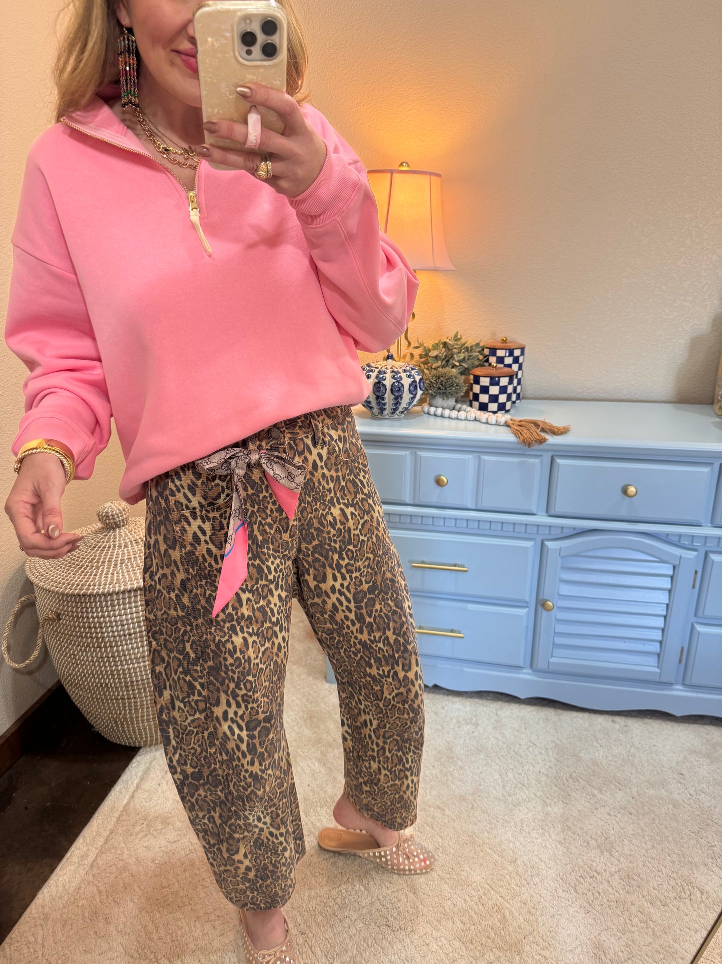 Leopard Mid Waisted Barrel Leg Jeans