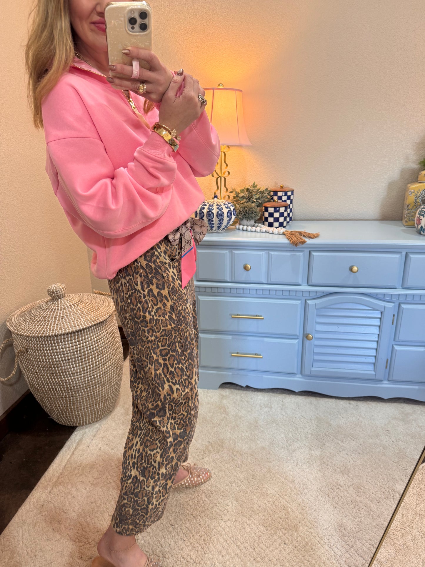 Leopard Mid Waisted Barrel Leg Jeans