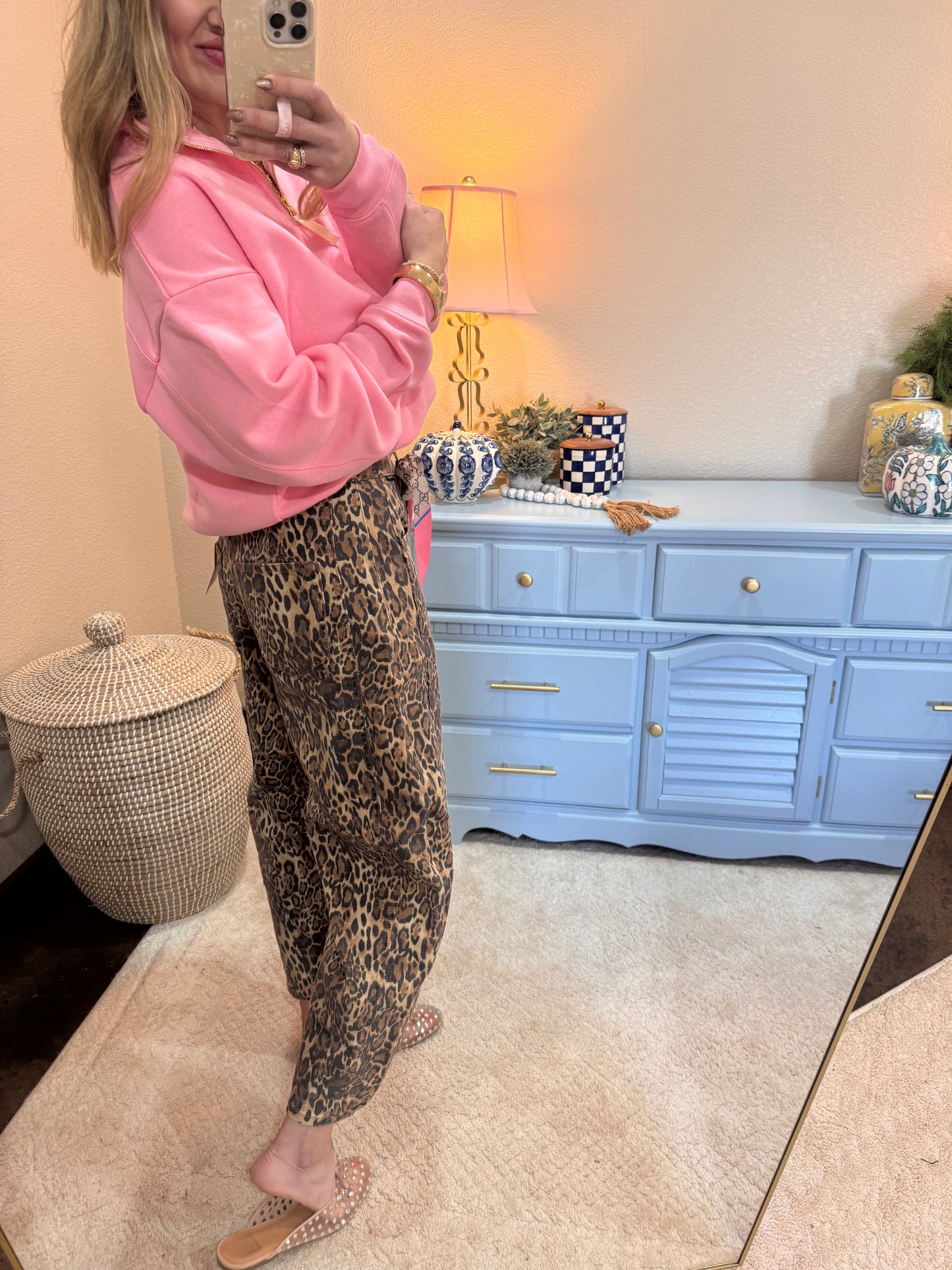 Leopard Mid Waisted Barrel Leg Jeans