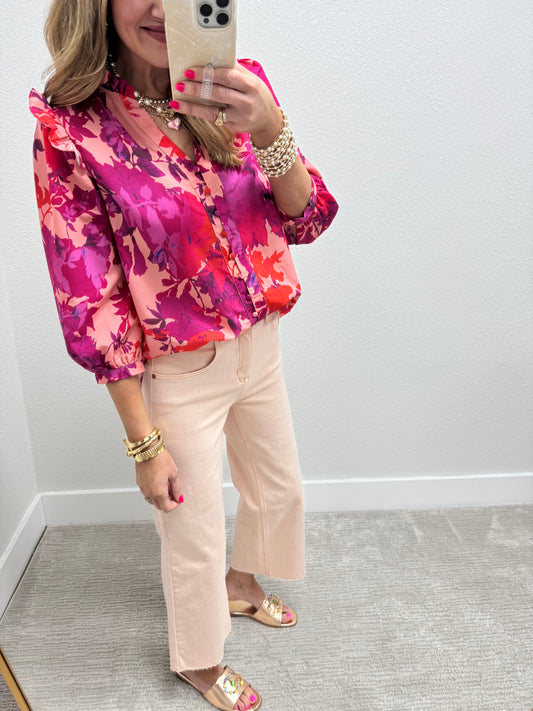 Multi Colored Pink Floral Flutter Sleeve Top