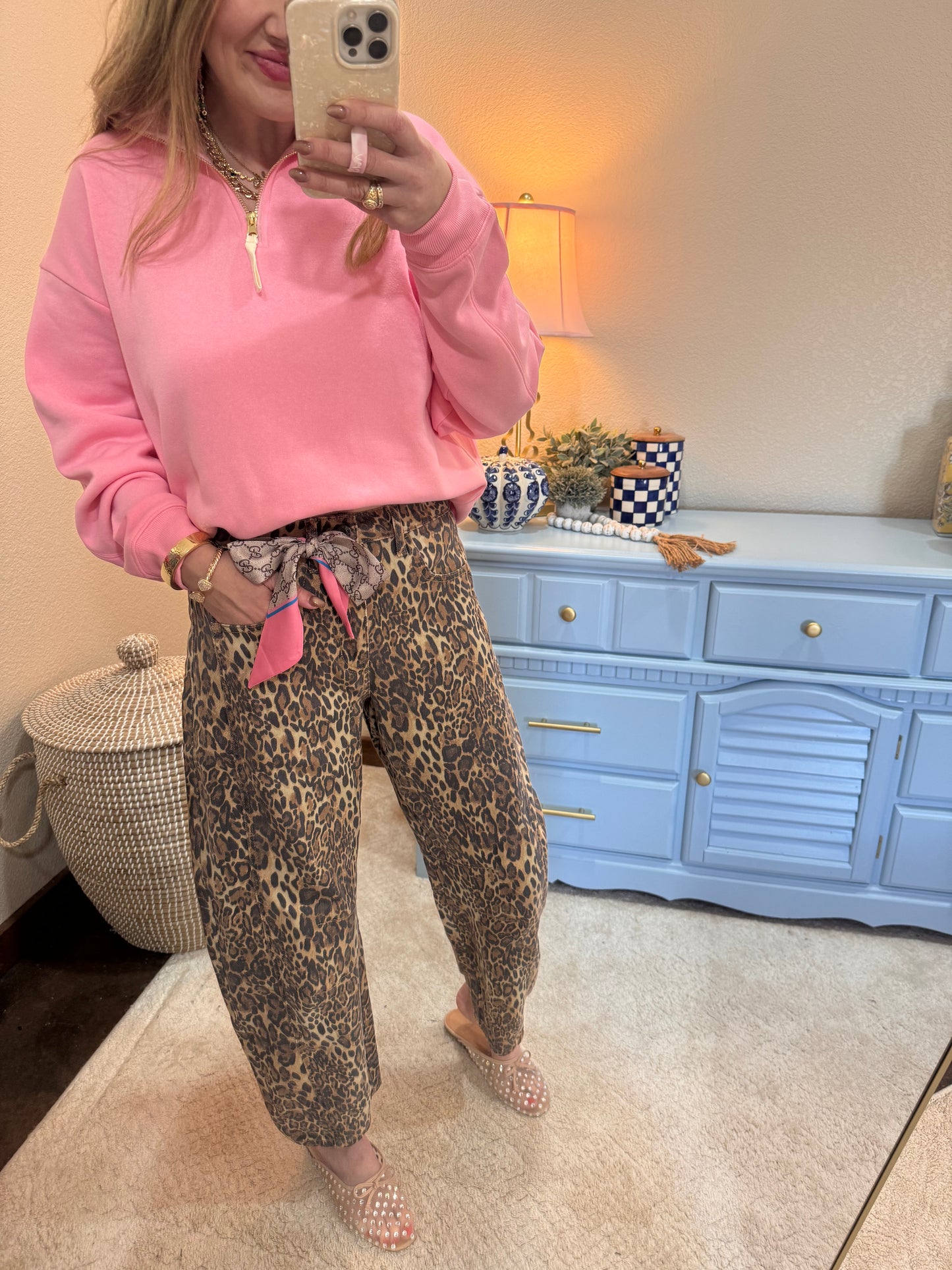 Leopard Mid Waisted Barrel Leg Jeans