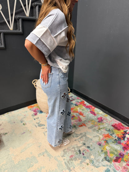 Floral Pearl Cut Out Jeans