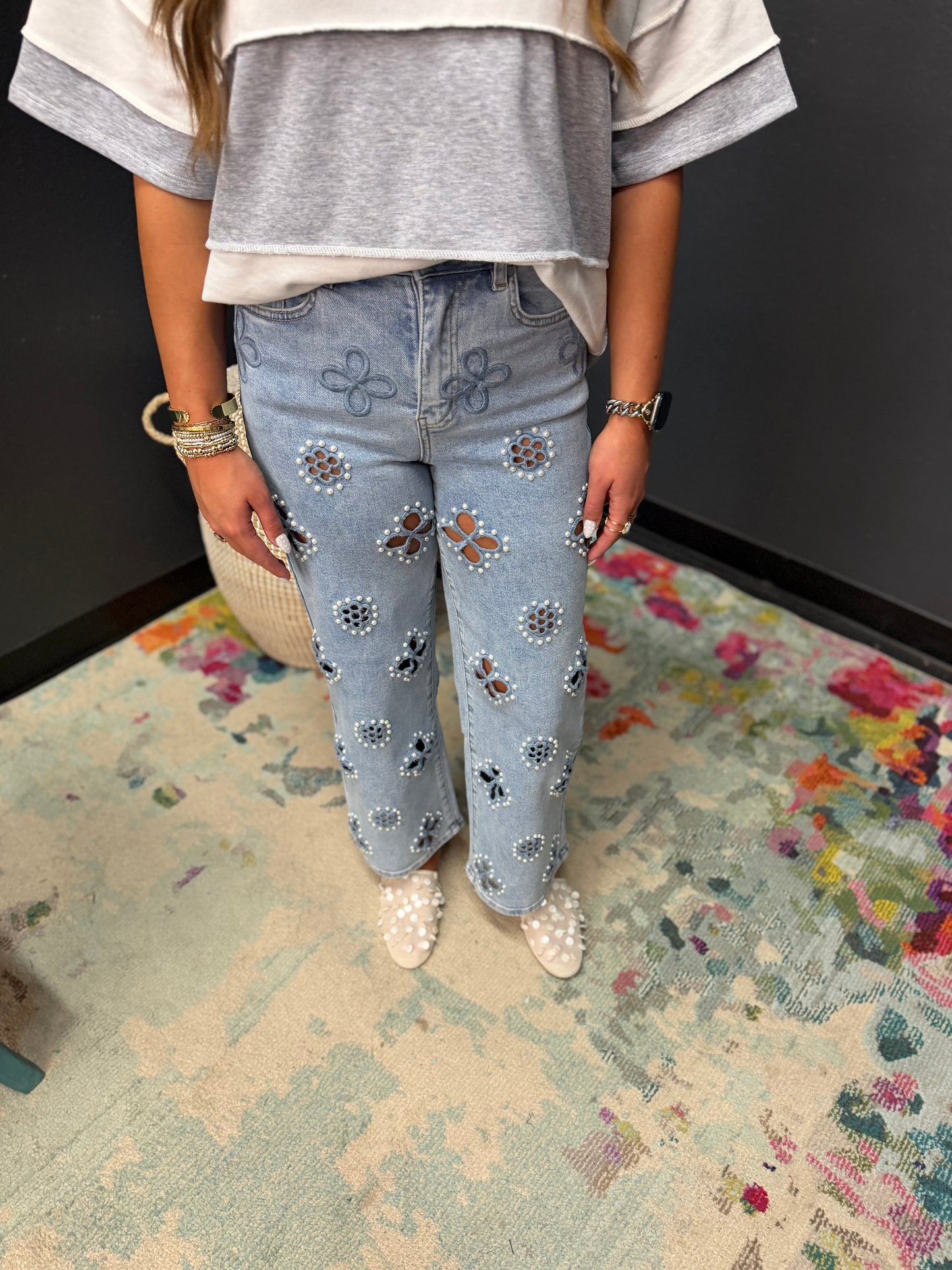 Floral Pearl Cut Out Jeans