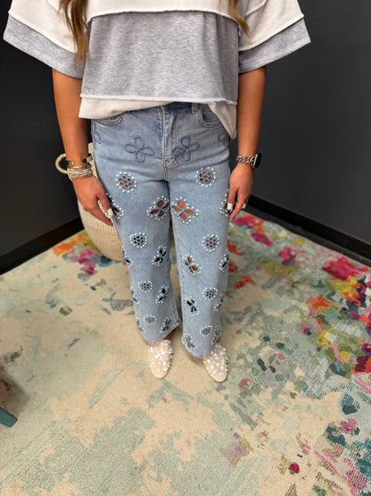 Floral Pearl Cut Out Jeans