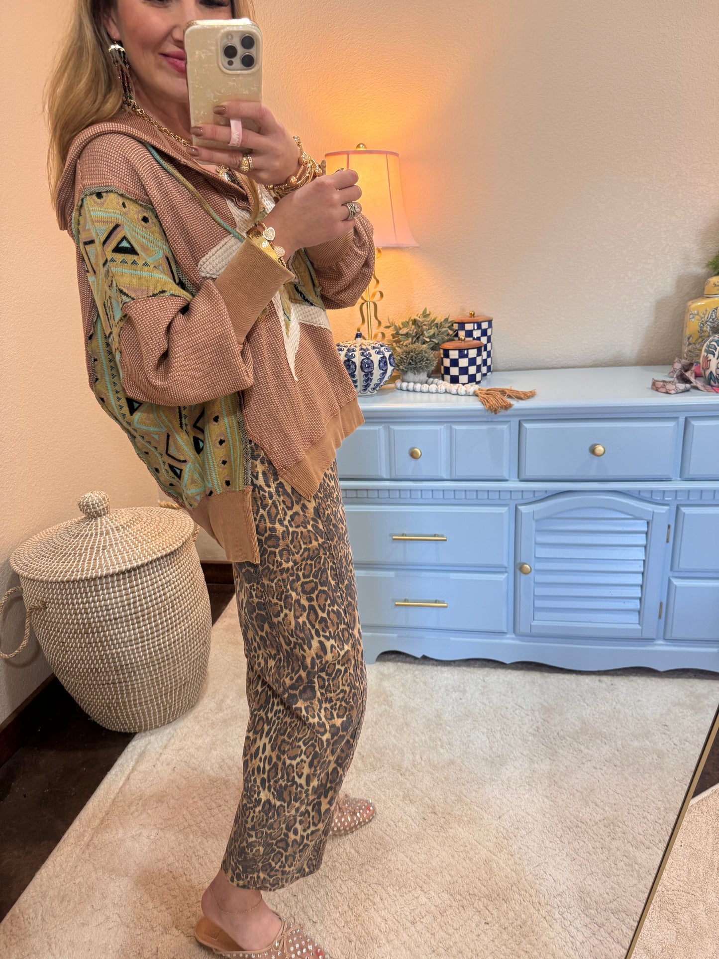 Tan Waffle Knit Mixed Star Patch Drop Shoulder Hoodie Top