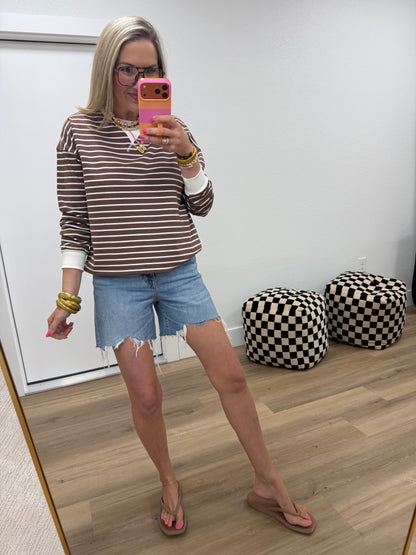 Brown & Cream Striped Rib Banded Pullover