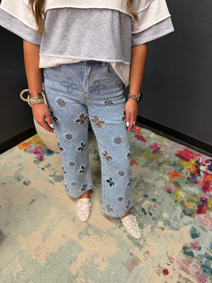 Floral Pearl Cut Out Jeans