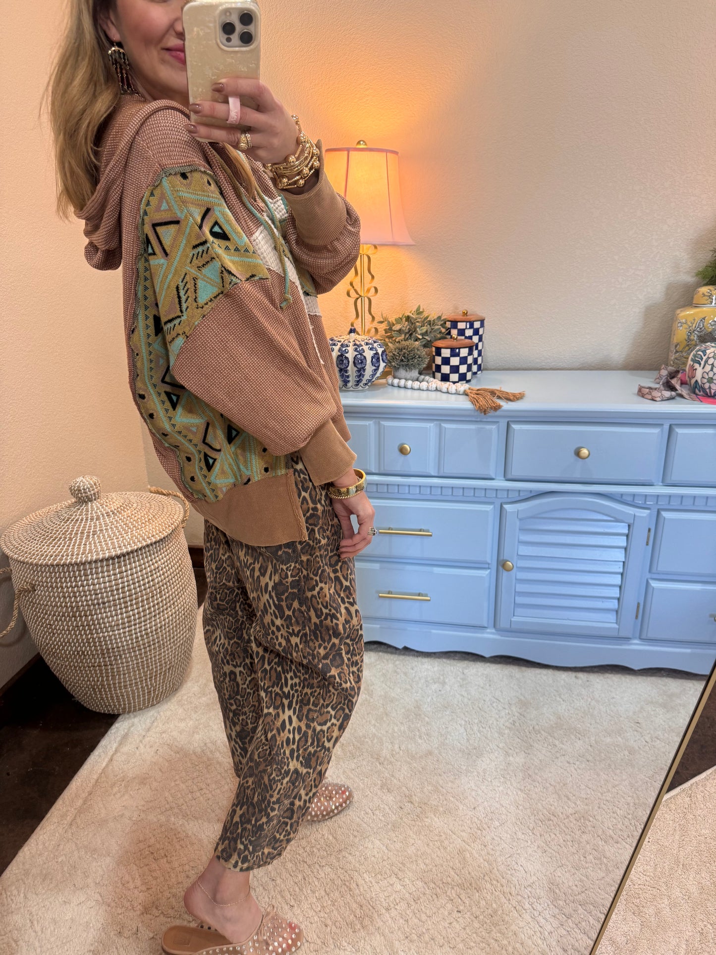 Tan Waffle Knit Mixed Star Patch Drop Shoulder Hoodie Top