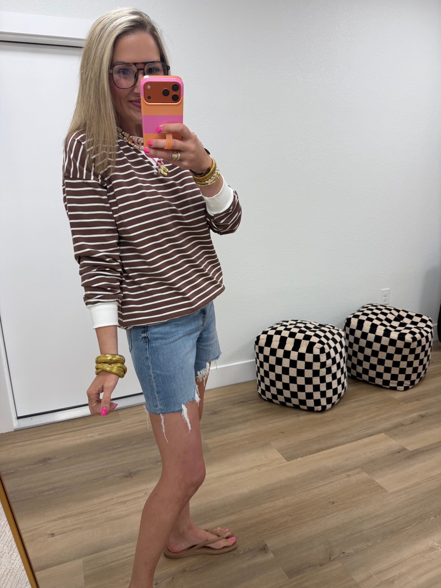 Brown & Cream Striped Rib Banded Pullover