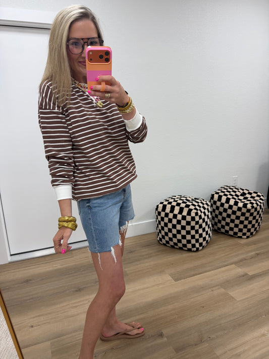 Brown & Cream Striped Rib Banded Pullover
