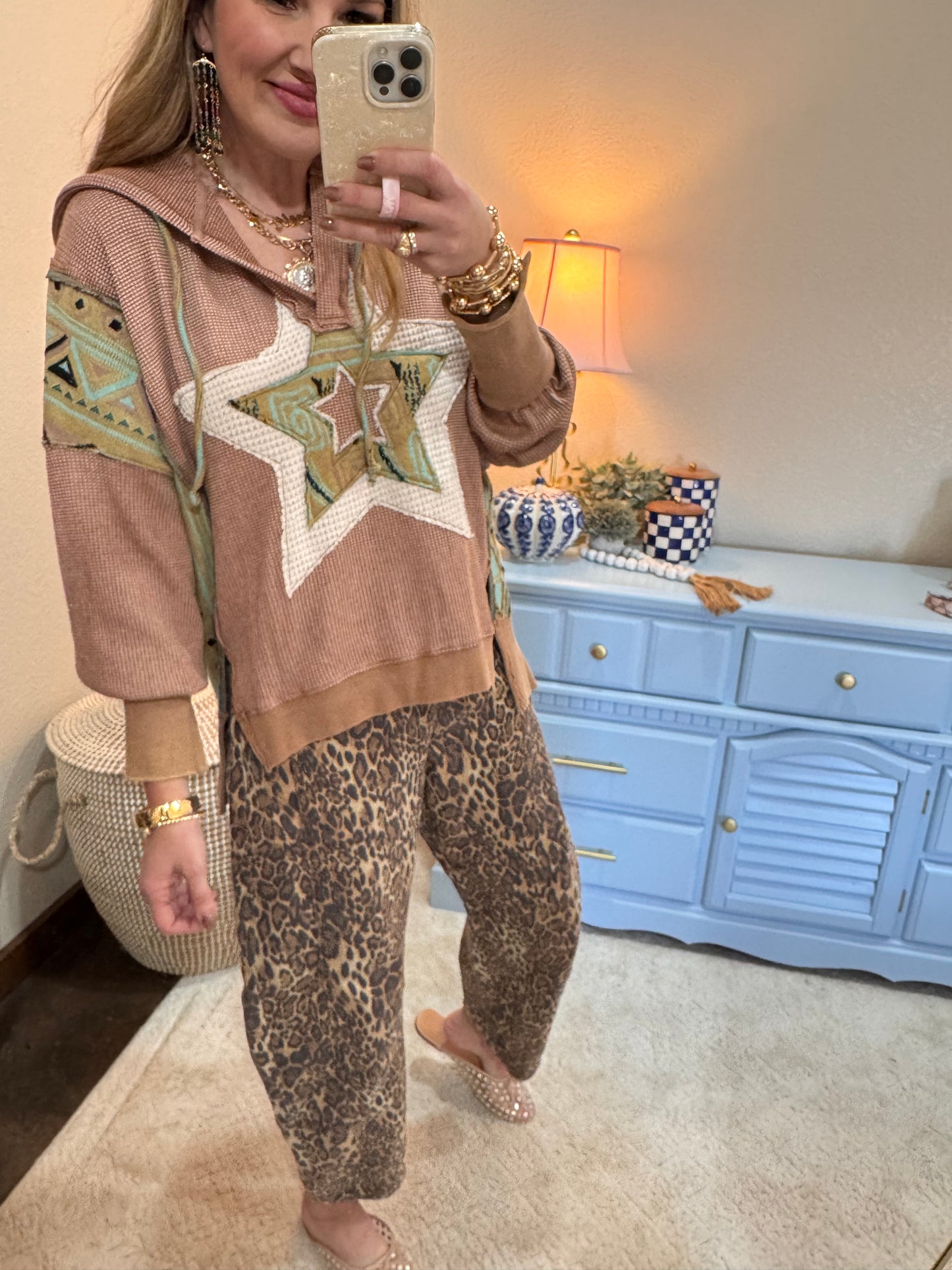 Tan Waffle Knit Mixed Star Patch Drop Shoulder Hoodie Top